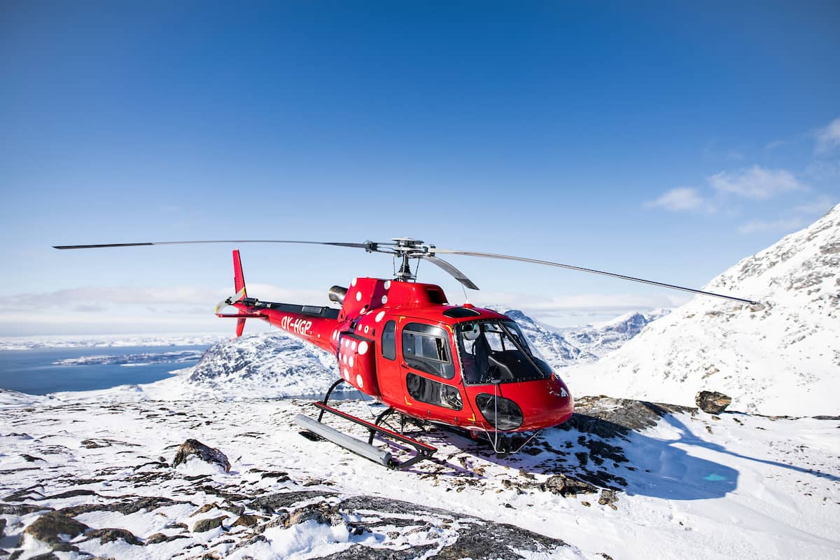 Air Greenland helicopter in Nuuk fjord