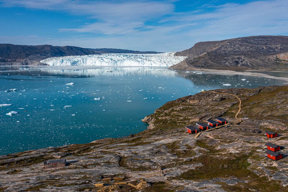 Eqi Lodges on the Greenland coast with views of the Eqi Glacier in remote Arctic nature