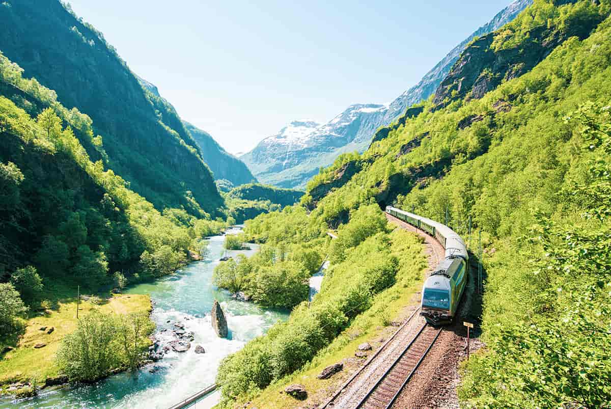 Scenic ride on the Flåmsbana railway through Norway’s fjord region