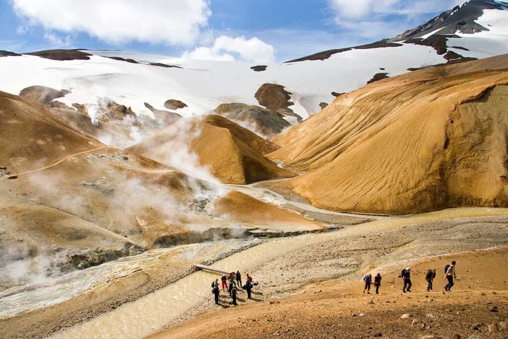 Geothermal landscape of Kerlingarfjöll in Iceland with colorful rhyolite mountains and steam rising from hot springs