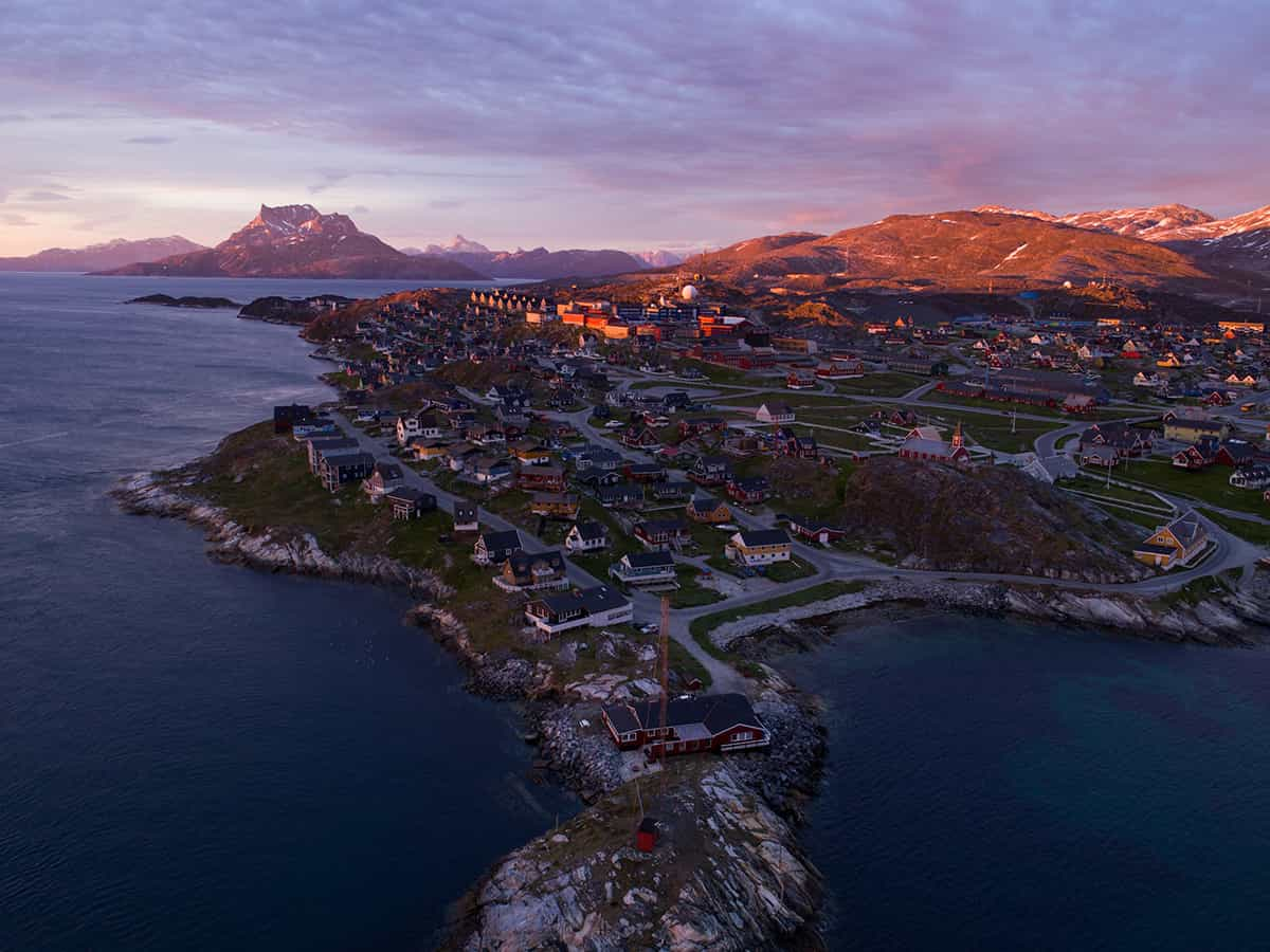 Pink sunset over Nuuk city