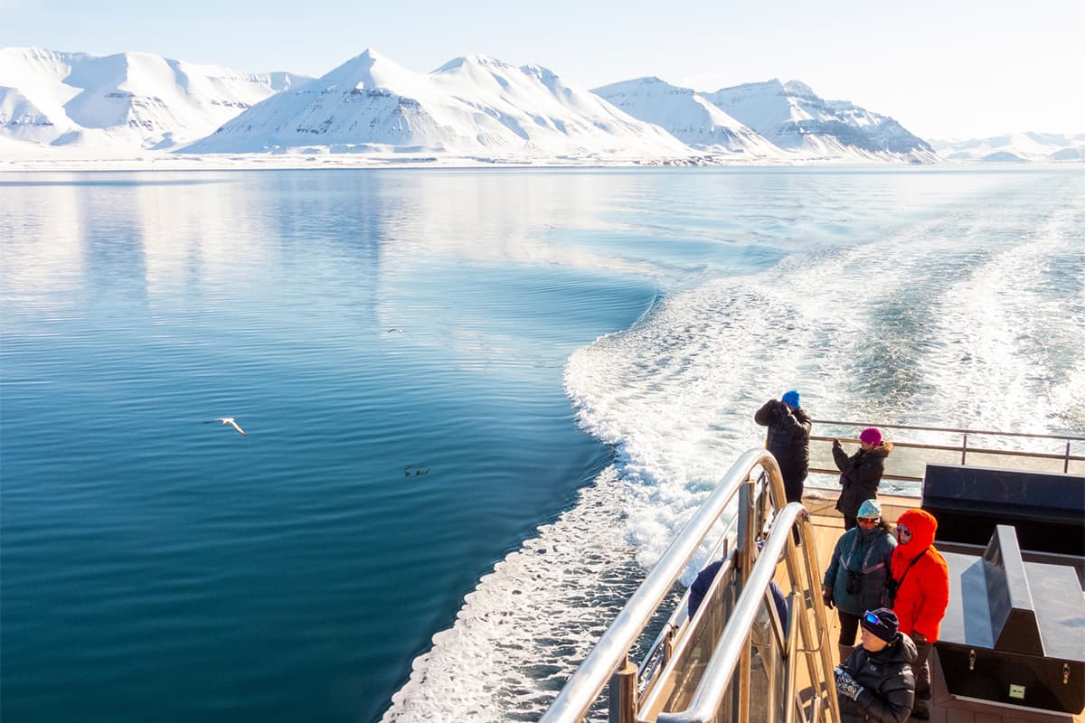 scenic boat trip through Billefjorden in Norway with passengers enjoying arctic views and wildlife in a peaceful fjord setting