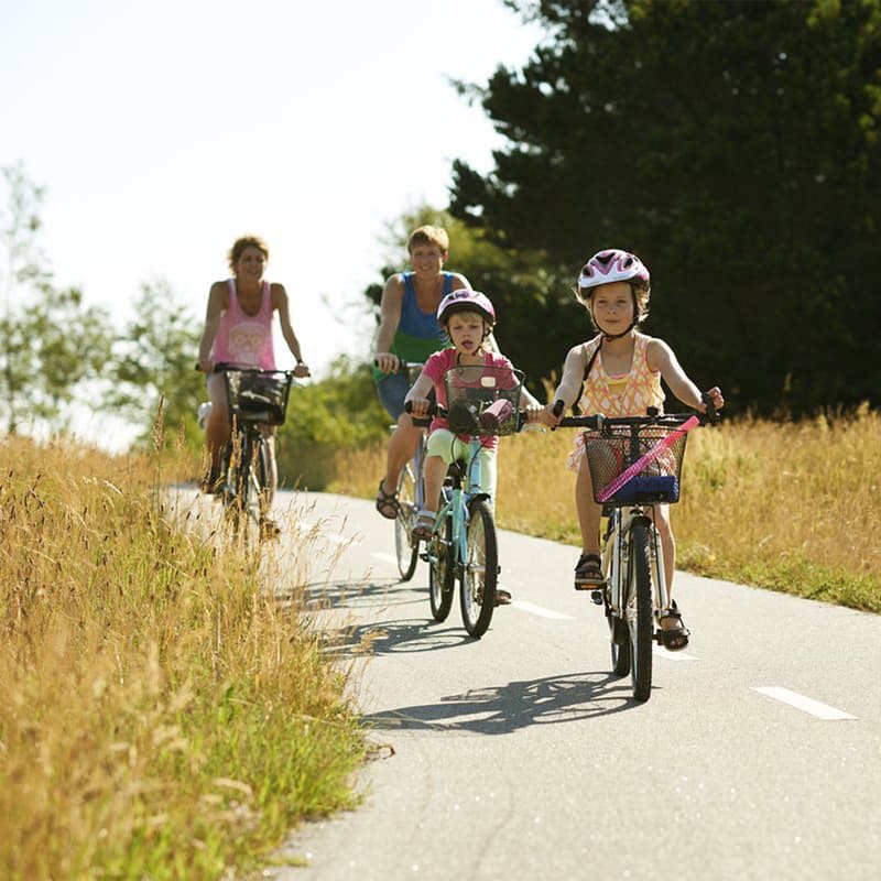 Family and friends biking around Slettestrand in Denmark