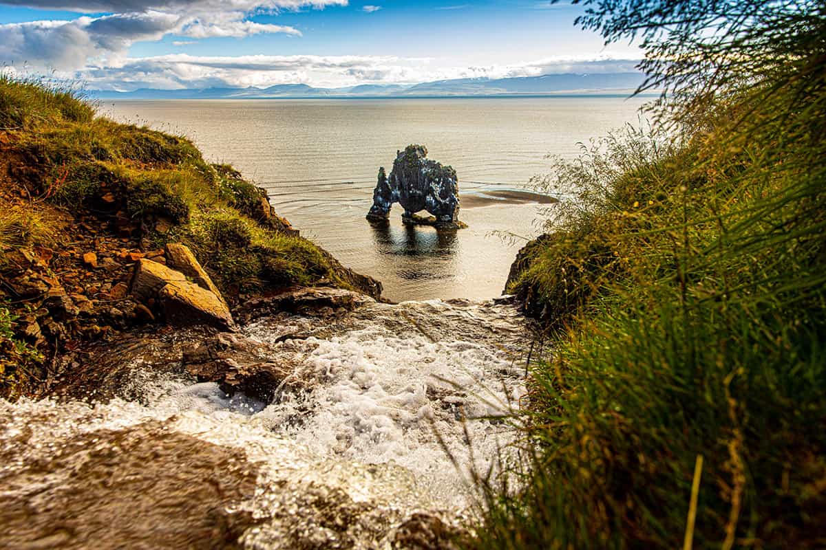 Basalt rock formation at Hvítserkur in Northwest Iceland rising from the sea like a dragon shaped sea stack near Vatnsnes Peninsula