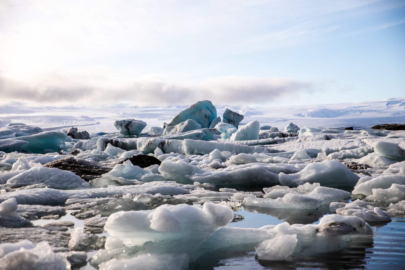 Icebergs floating in the glacial lagoon at Jökulsárlón in Southeast Iceland with Vatnajökull glacier visible in the background