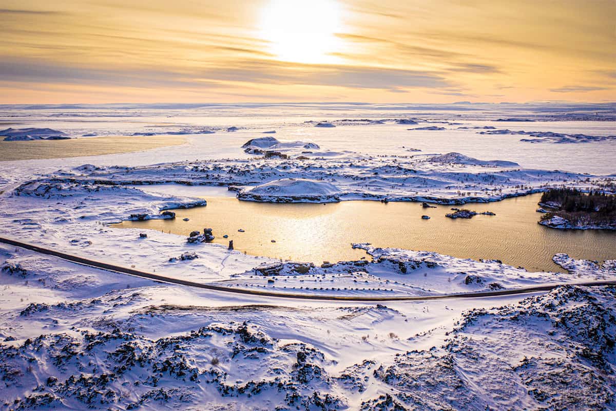 Snow covered landscape at Myvatn in North Iceland with snowy trees distant mountains and clear sky in soft winter light
