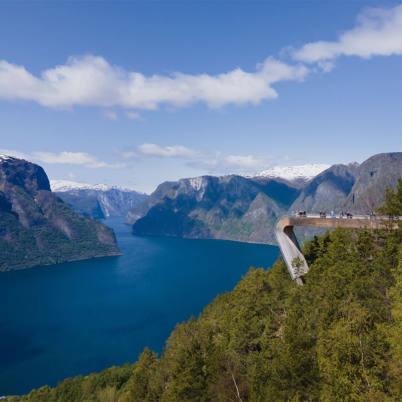 Stegastein viewpoint on Aurlandsfjellet National Scenic Route in Norway, offering panoramic fjord views from a striking architectural platform