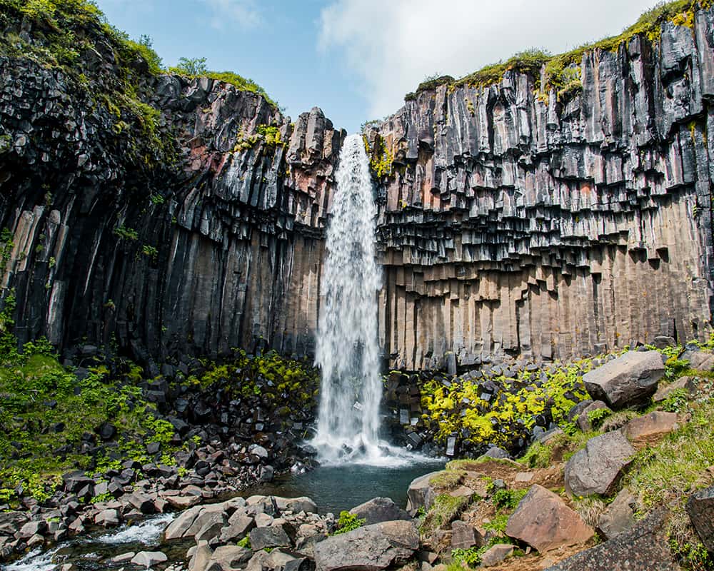 Svartifoss waterfall cascading over dark basalt columns in Skaftafell, Iceland, framed by lush greenery and striking rock formations