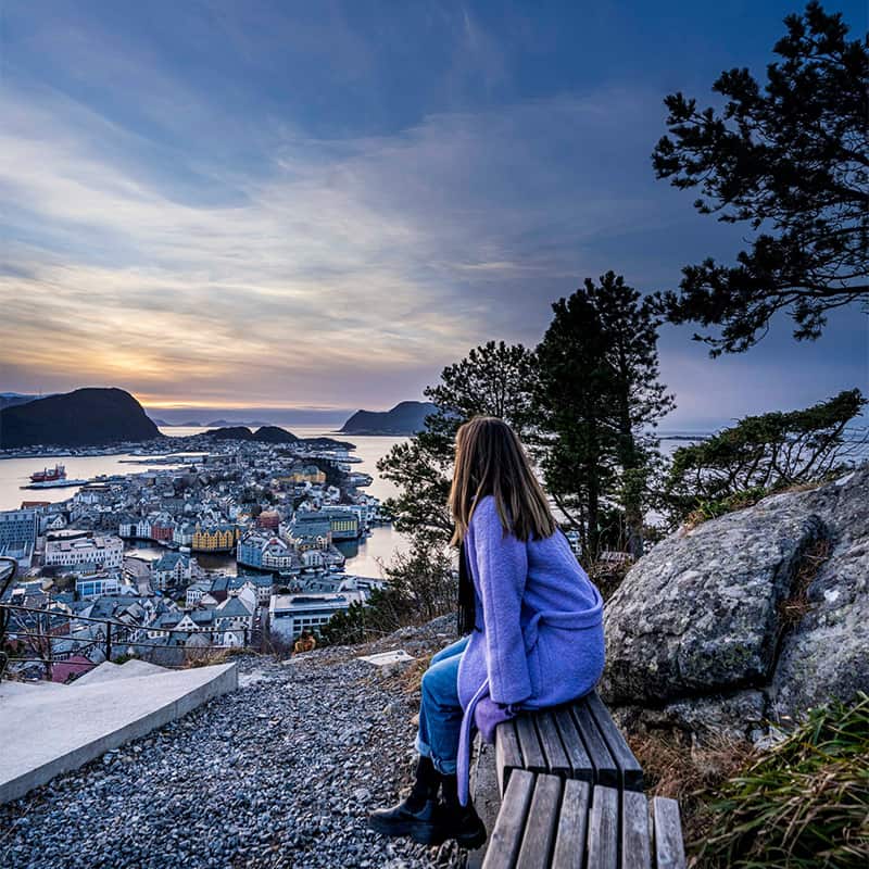 Hiking trail to the Aksla viewpoint in Ålesund, Norway, offering panoramic views of the town, coastline, and surrounding islands from above